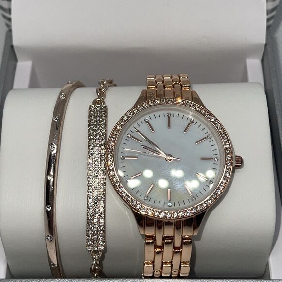 Gold Tone Crystal Watch Bracelet (3 Piece Set) Stunning Chic Intricate Style NEW - Picture 6 of 16